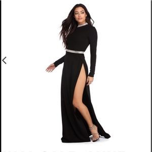 Black high-neck long sleeve jeweled formal dress-S